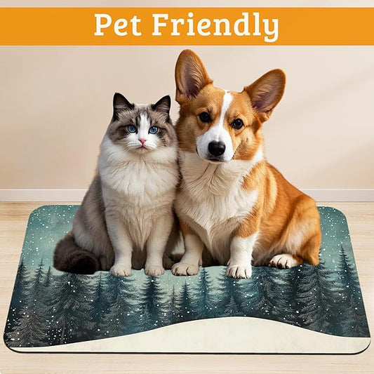 Pet Feeding Mat,Abstract Forest Absorbent Dog Cat Food Mat Moon Dog Mat with Rubber Backing,Non-Slip Water Bowl Placemat,Pet Supplies 12" x 20"