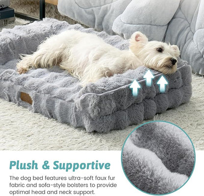 Faux Rabbit Fur Orthopedic Dog Bed, Dog Bed for Medium Size, Supportive Foam Pet Sofa with Waterproof Lining Cover, Washable U-Shaped Pet Couch with Anti-Slip Bottom, Grey M 30x20x6.5 inch