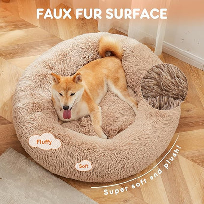 Sweetcrispy Donut Dog Bed, Large Round Calming Cat Bed with Washable Waterproof Cushion, Anti-Anxiety & Anti-Slip Fluffy Cuddle Cozy Faux Fur Plush for Pet Puppy Indoor Sleeping (30.7"x30.7", Brown)