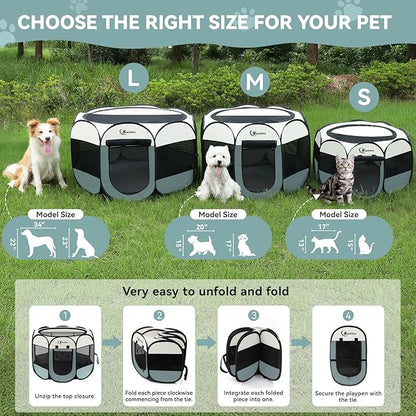 Dog Playpen, Puppy Pet Playpen, Medium Dogs Tent Crates Cage Indoor/Outdoor, Portable Pop Up Dog Kennel Playpen with Carrying Case for Dogs/Cats/Rabbits, Removable Zipper Top, Grey