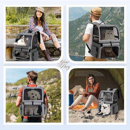 Lekebobor Double Cat Backpack Carrier for 2 Cats, Double-Compartment Pet Carrier Backpack for Two Small Cat or One Medium Cat, Cats Carrier Backpack Dog Carrier Backpack Fits Up to 24 Lbs,Grey