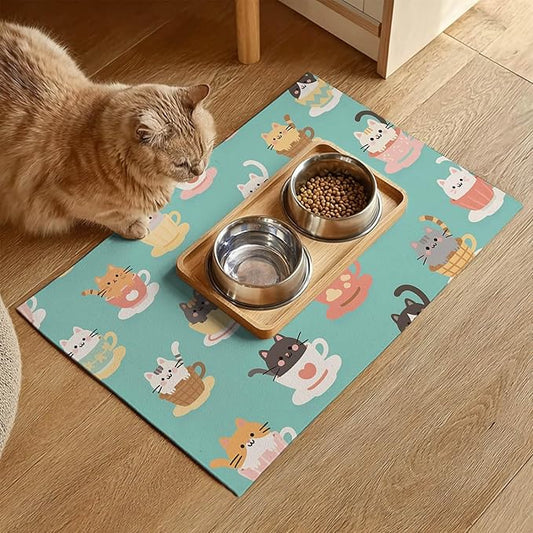 Cat Feeding Mat 24x16 inch Teacup Kitten Print Pet Bowl Placemat Non Slip Floor Mat for Food and Water Indoor Kitty Feeding Station Cute Meal Pad for Small Pets Kitchen Use
