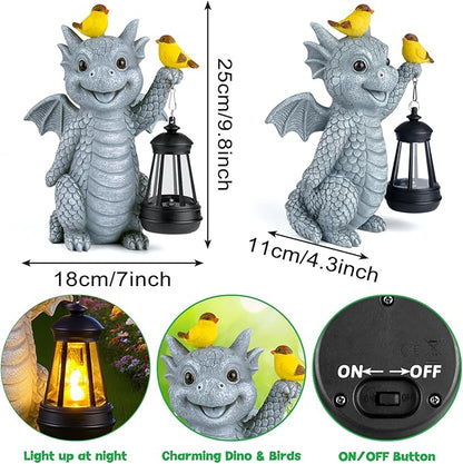 ILLUMINEW Solar Dragon Garden Statue with Lantern and Birds – Resin Dinosaur Figurine with LED Light for Yard, Outdoor Decor, Gifts for Mom, Women (Dragon)