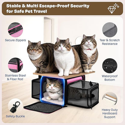 Top and 2 Sides Expandable Pet Carrier 17x11x9.5, TSA Airline Approved Small Dog Carriers for Small Dogs, Soft-Sided Cat Carrier with Self-Locking Zippers for Kitten,Rabbit, Puppy, Guinea Pig Pink