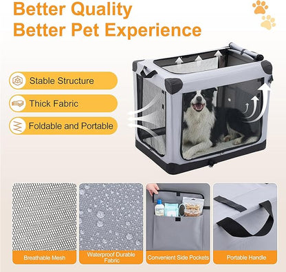 Dog Travel Crate 24 Inch, Portable Soft-Sided Travel Carriers for Dogs and Cats, Foldable Pet Kennel with 3-Doors Mesh Windows Indoor & Outdoor, Grey
