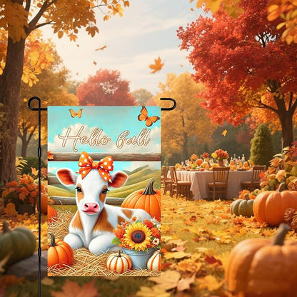 Hello Fall Garden Flag Cute Calf Cow Flag 12x18 Inch Polka Dot Bow Hay Pumpkins Sunflowers Double Sided Outdoor Banner For Front Yard Porch Lawn Patio Seasonal Home Decor Rustic Autumn