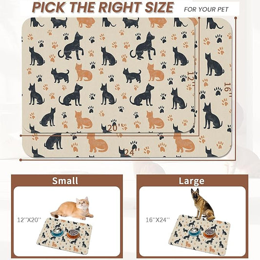 Cute Cat Paw Prints Dog Food Mat for Floors,Vintage Boho Absorbent Pet Food and Water Bowl Mats,Non-Slip Pet Feeding Mat,Pet Supplies 12" x 20"