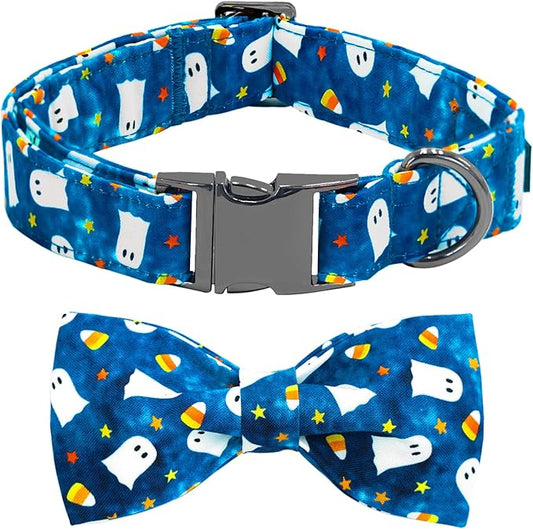 Halloween Dog Collar, Ghost Print Adjustable Pet Collar Blue Cute Cotton Soft Collars with Bow Tie Fall Metal Buckle Holiday Puppy Collars Boy&Girl Gift for X-Small Dogs