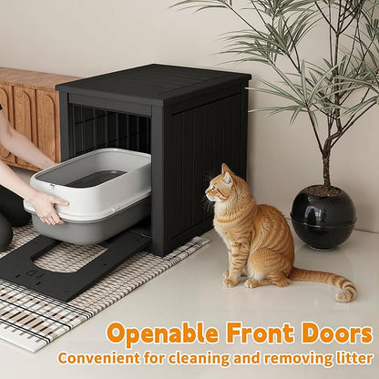 Cat Litter Box Enclosure, Multi-Functional Hidden Cat Litter Box Furniture & Indoor Outdoor Cat House with Side Table Design, Openable Front Door & Raised Floor, Easy to Clean & Assemble, Black