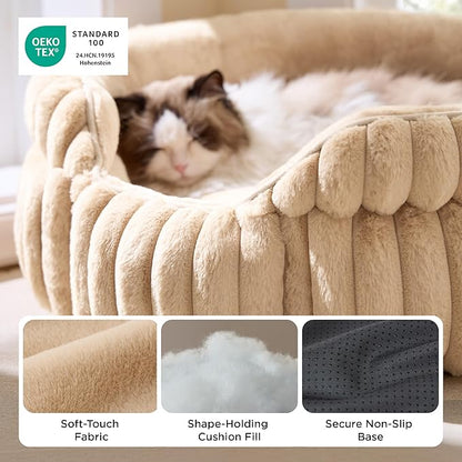 Bedsure ComfyFleece™ Small Cat Bed, Washable Round Cute Pet Beds for Indoor Cats, Super Soft Corduroy Kitten Bed with Anti-Slip Bottom, 20''x20''x8'', Sandy Beige