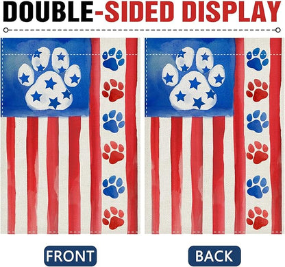 Dyrenson 4th of July Dog Cat Paw Prints Decorative Garden Flag, Patriotic America Watercolor Yard Outside Home Decorations Pet Lover Gift, American USA Burlap Outdoor Small Decor Double Sided 12 x 18