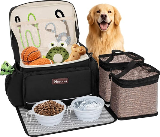 Modoker Dog Travel Bag Airline Approved Pet Cat Tote Organizer for Weekend Trips, 2 Bowls, 2 Food Containers & Feeding Mat