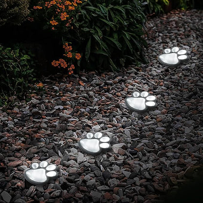 Animal Paw Print Solar Lights Outdoor Garden Decor, 4 Pack Paw Print Lights with Cord, IP55 Waterproof Yard Pathway Decor Light, Cold White Color Light, New Home Birthday Christmas Gift