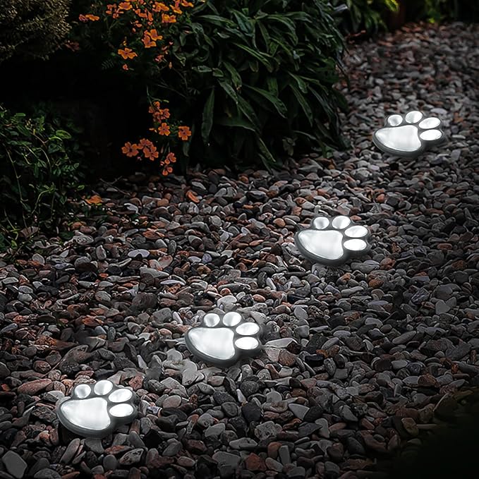 Animal Paw Print Solar Lights Outdoor Garden Decor, 8 Pack Paw Print Lights with Cord, IP55 Waterproof Yard Pathway Decor Light, Cold White Color Light, New Home Birthday Christmas Gift