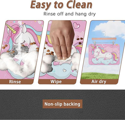 Cute Unicorn Dog Food Mat for Floors,Cloudy Pink Stars Absorbent Pet Food and Water Bowl Mats,Non-Slip Pet Feeding Mat,Pet Supplies 12" x 20"
