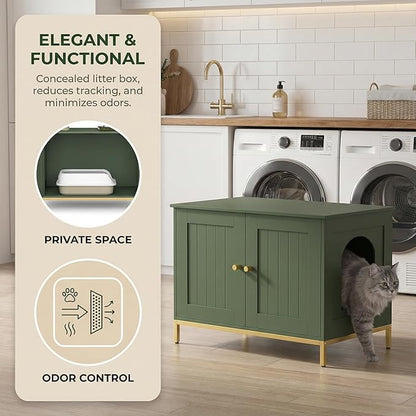 Homhedy Cat Litter Box Enclosure, Cat Washroom Furniture with Metal Frame, Pet House, Fit Most of Litter Box, Modern Style, Green and Gold