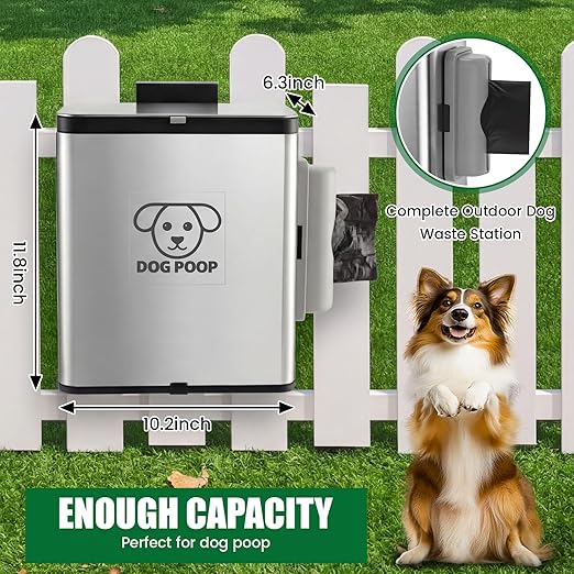 Dog Poop Trash Can Outside, 2.1 Gallon Dog Waste Container with Trash Bag Dispenser, Outdoor Pet Poop Bucket with Lid, Black Hanging Waste Container with Bags for Fence, Garbage, CounterTop