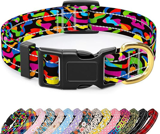 Reflective Dog Collar for Small Dogs, Cute Boho Adjustable Heavy-Duty Nylon Puppy Collar for Boy and Girl Female, Soft Pet Accessories with Quick Release Buckle, Abstract Rainbow Art