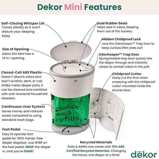 Diaper Dekor EKO MINI Diaper Pail, White, ONLY Eco-Friendly Diaper Pail Made with 70% Recycled Materials, Hands-Free: Step–Drop–Done, Cost-Effective Refill System