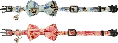 Collar for Cat Pet Breakaway with Bell Bowtie Detachable Bow Adjustable Safety Kitten Puppy Girl Boy 2pcs Kimono-Blue & Pink