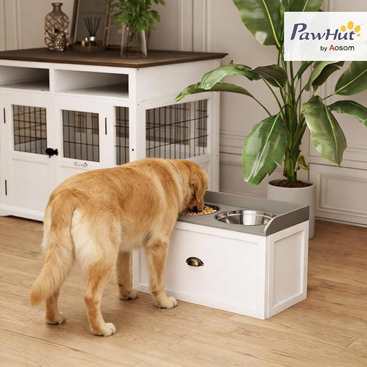 PawHut Large Elevated Dog Bowls with Storage Drawer Containing 21L Capacity, Raised Pet Feeding Station 2 Stainless Steel Grey,White