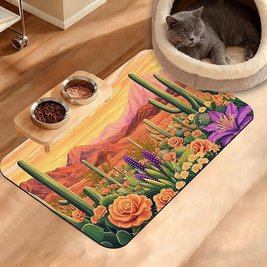 Pet Feeding Mat,Cactus Absorbent Dog Cat Food Mat Desert Dog Mat with Rubber Backing,Non-Slip Water Bowl Placemat,Pet Supplies 16" x 24"