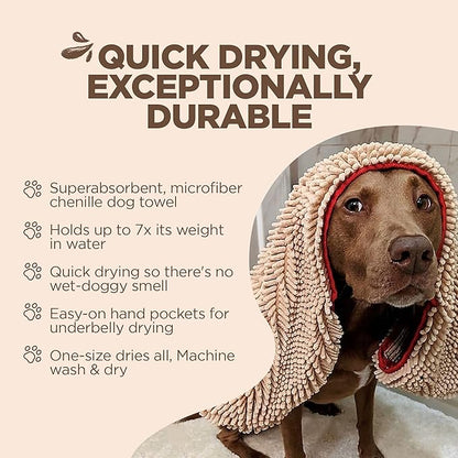 Soggy Doggy Super Shammy Dog Towel - Microfiber Chenille Towel for Drying Dogs and Cleaning Paws - Fast Drying with Hand Pockets for Ease (Beige/Red Trim, 31” x 14”)