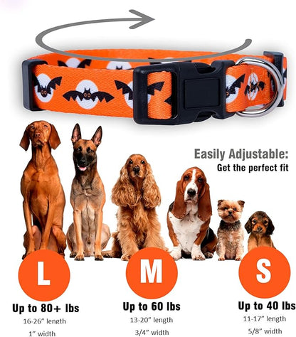 Native Pup Halloween Dog Collar- Spooky Fall Themed Horror Costume Collars- Skull, Pumpkin, Ghost, Bat, Witch, Candy Corn, Spider- Adjustable for Small, Medium, Large Breeds (Small, Bats and Moon)