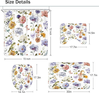4 PCS Purple Floral Birds Bathroom Set with Shower Curtain and Rugs 72Wx72H Inch Classical Watercolor Non-Slip Bath Rug Toilet Lid Cover and U Shape Mat Accessories 12 Hooks Bathoom Decor
