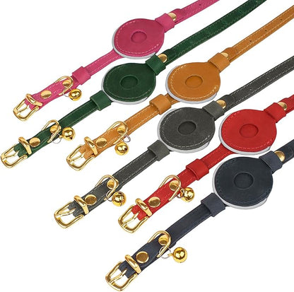 OOPSDOGGY Reflective Leather AirTag Cat Collar with Bell - Non Breakaway Adjustable Pet Collar with Apple Air Tag Holder - Lightweight GPS Kitten Collars for Small Dogs Puppy (Graphite)