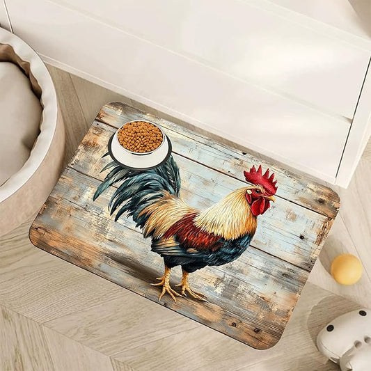 Rooster Dog Food Mat for Floors,Vintage Wood Panel Absorbent Quick-Dry Pet Feeding Mat,Cat Dog Bowl Mats for Food and Water,Non-Slip Pet Accessories Supplies 16"x24"