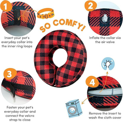 BENCMATE Inflatable Dog Cone Collar Alternative, Soft Dog Cone for Small Medium Large Dogs and Cats, Neck Recovery ECollar Donut Collar After Surgery (Large+, Plaid)