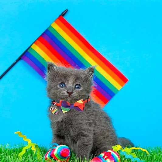 ADOGGYGO Rainbow Cat Collar with Bow Bandana - 2 Pack Cute Kitten Bowtie Collar for LGBT Pride Month, Adjustable Rainbow Collar for Cats