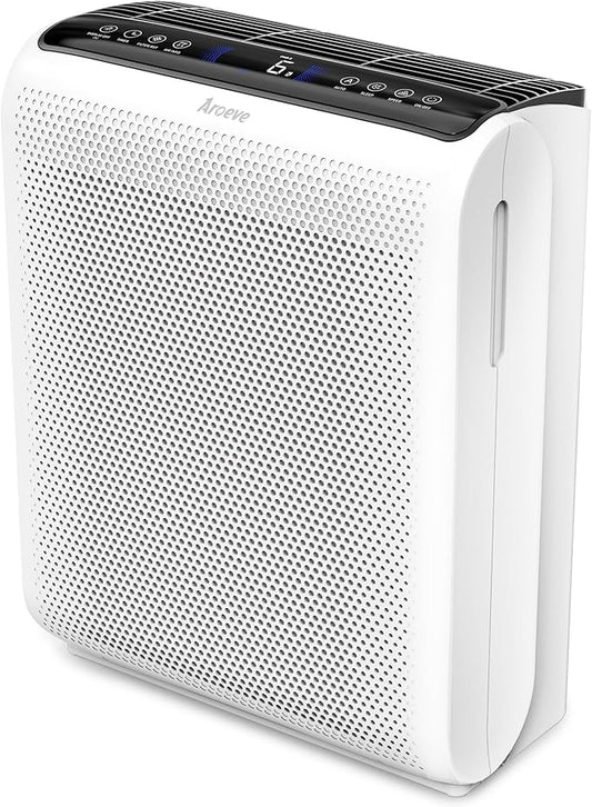 AROEVE Air Purifiers for Bedroom Home Large Room Up to 1504 Ft², 5 Layer Filter for Smoke Pollen Allergies Pet Dander Odor, Air Quality Monitor, Sleep Mode, Timer for Office, Dorm, Kitchen, MK07 White