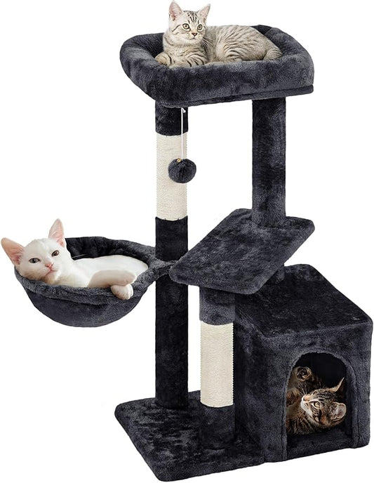 Topeakmart Cat Tree Tower for Indoor Cats, 34.5in Cute Cat Tree Activity Center with Condo & Scratching Post, Multi-Level Cat Climbing Tower Play House w/Large Perch, Platform, Basket, Black