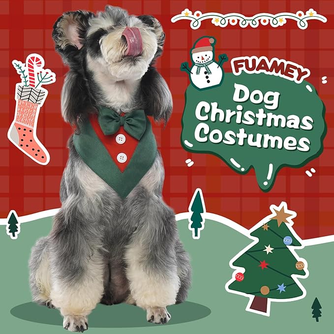 FUAMEY Dog Tuxedo Christmas for Large Dogs,Dog Formal Suit Dogs Attire Pet Bow Tie Puppy Party Costumes Cat Tux Outfits Pets Bandana Cosplay Adjustable Bowties Christmas Green Red XL