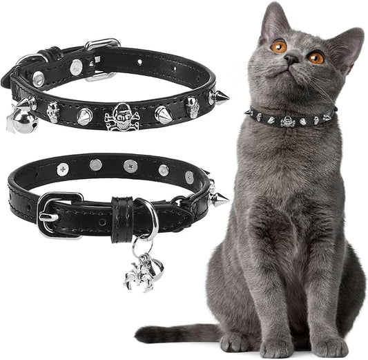 EXPAWLORER Cat Collar for Girl Boy Cats- Adjustable Leather Pet Collar with Safety Elastic Belt,Personalized Punk Accessories Buckle Collars with Bell & Durable D-Ring, Rivet (Black)