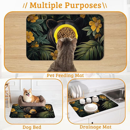 Brown Bear Dog Food Mat,Forest Absorbent Pet Feeding Mat for Food and Water Bowl,Quick Dry Dog Placemat Non Slip Rubber Backing Waterproof Pet Supplies 12" x 20"