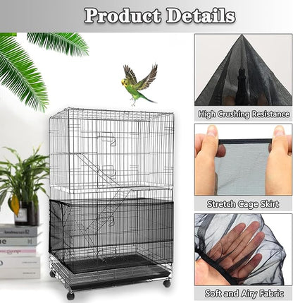 Bird Cage Seed Catcher - Adjustable Netting Cover Guard Skirt for Parrot Parakeet Macaw Round Square Cages - Black