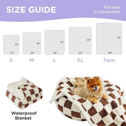 LE SURE Waterproof Dog Blanket for Large Dogs - Washable Double Sided Dog Blankets with Warm Jacquard Shag and Soft Sherpa Fleece, Pet Cat Blanket for Bed Protection, 3D Textured Checks, Brown