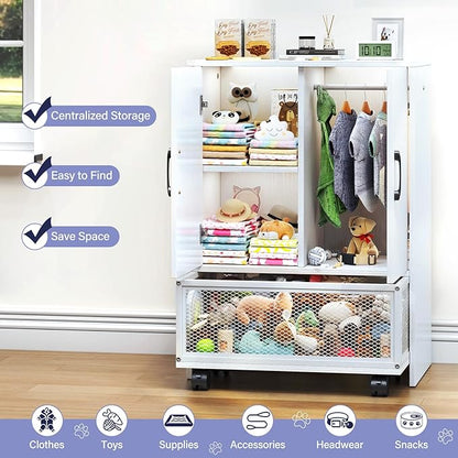 TC-HOMENY Pet Wardrobe Closet with Drawer, Wooden Pet Storage Cabinet with Wheels and Hanging Rods, Dog Closet with Clothes Hanger, Pet Toys Basket, Dog Organization and Storage, Small Wardrobe Closet