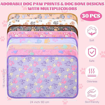 MCEAST 30 Pieces Fluffy Dog Cat Blanket with Paw Print 16 x 24 Inch, Washable Ultra-Soft Flannel Pet Throw Blankets for Small Animals, Cozy Puppy Bed Mat Warm Plush Bedding