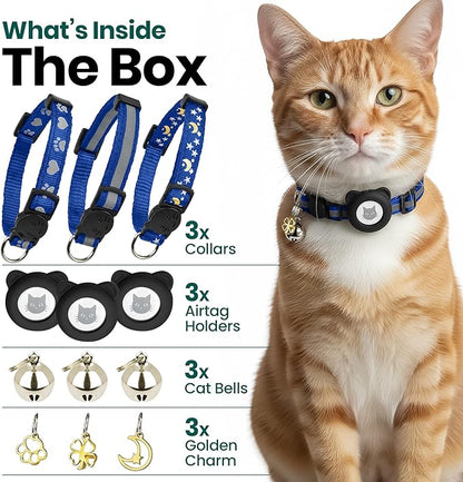 Cat Collar with AirTag Holders, 3-Pack, Reflective Breakaway Safety Collars, Bells and Matching Charms, Adjustable, Paw Hearts, Moon Stars Design, Lucky Charm, Blue