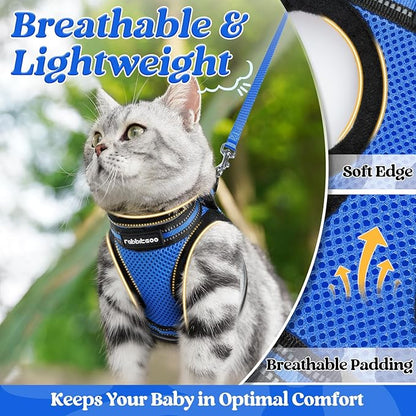 rabbitgoo Cat Harness and Leash Set for Walking Escape Proof, Adjustable Soft Kittens Vest with Reflective Strip for Cats, Comfortable Outdoor Vest,Blue,L