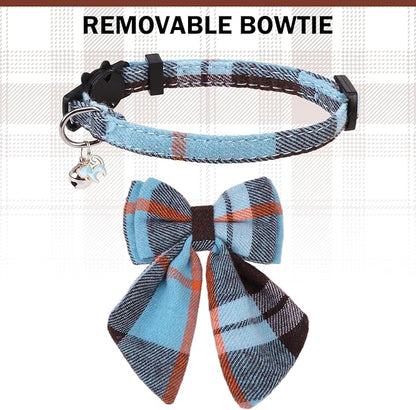 Cat Collar with Bells Breakaway, Bowtie Cat Collar for Boy Girl Cats with Removable Bow Tie Collar, Cute Plaid Kitten Collar with Bell & Pendant Adjustable, 2 Pack Pet Collars for Cats Puppy