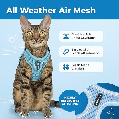 Voyager Escape-Proof Step-in Lock Cat Harness & 5ft Neoprene-Handle Leash Set All-Weather Mesh with Reflective Stitching for Small to Large Cats by Best Pet Supplies, Baby Blue (327), S