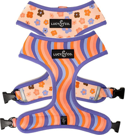 Lucy & Co. Purple with Coral Floral Wave, Cute Reversible Dog Harness Walking Halter - Best Designer Pet Harnesses for XS - XL Dogs - Padded Adjustable Vest for Easy Walking (X-Small)