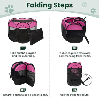 Love's cabin Pet Puppy Dog Playpen, Small Dog Tent Crates Cage Indoor/Outdoor, Portable Playpen for Cat, Foldable Pop Up Dog Kennel Playpen with Carring Case, Removable Zipper Top, Pink