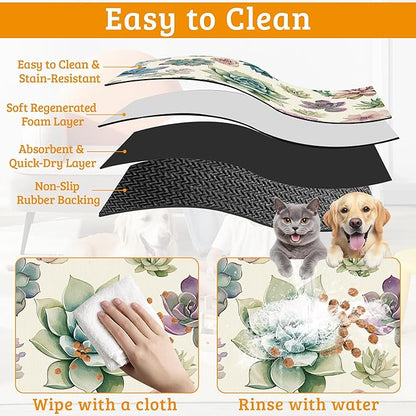 Dog Bowl Mat,Cactus Pet Feeding Mat for Floors Waterproof,Succulents Absorbent Dogs Placemat for Food and Water Quick Dry Pet Cat Feeding Mats with Non Slip Bottom 16" x 24"