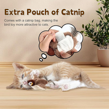 Chirping Bird Cat Toy - Interactive Flapping Bird Cat Toy for Indoor Cats, Simulated Rechargeable Flappy Sparrow with Catnip Pouch